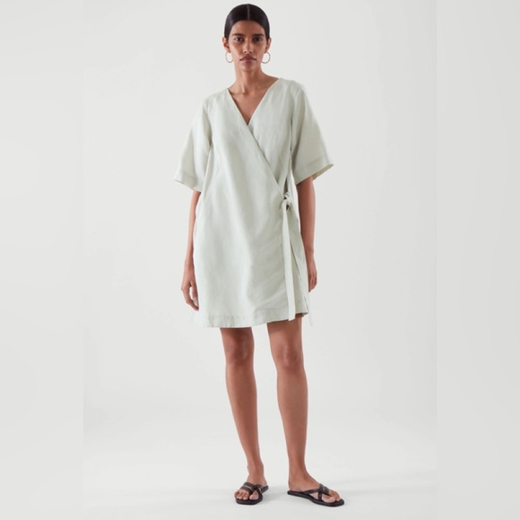 COS MINI WRAP DRESS IN DUSTY LIGHT GREEN - Picture 2 of 15